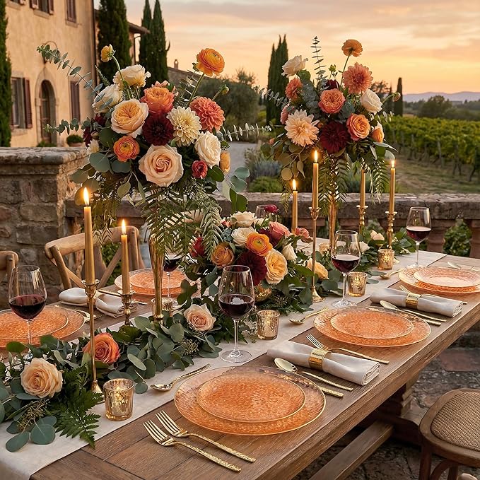 I00000 150Pcs Clear Orange Plastic Plates with Gold Rim,Orange Disposable Plastic Plates,Gold hammer patterned Disposable plates Set include 30 Dinner Plate,30 Dessert Plate,90 Silverware Set
