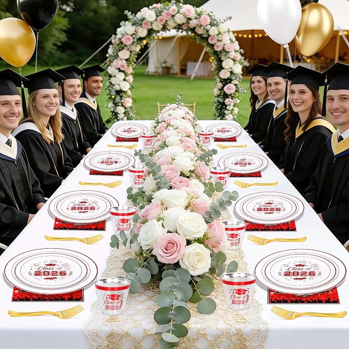 150 Pcs 2026 Graduation Plastic Plates with Disposable Silverware Serves 30 Guests, White Red Graduation Disposable Plates Including 30 Dinner&Dessert Plates, Cups, Napkins, Gold Forks for Party