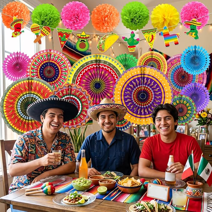 Rakuto Fiesta Party Decorations Set, 18PCS Mexican Taco Theme Colorful Banners and Paper Fans Birthday Decorations, Cinco De Mayo Paper Pom Poms Decor for Wedding Rainbow Party Supplies