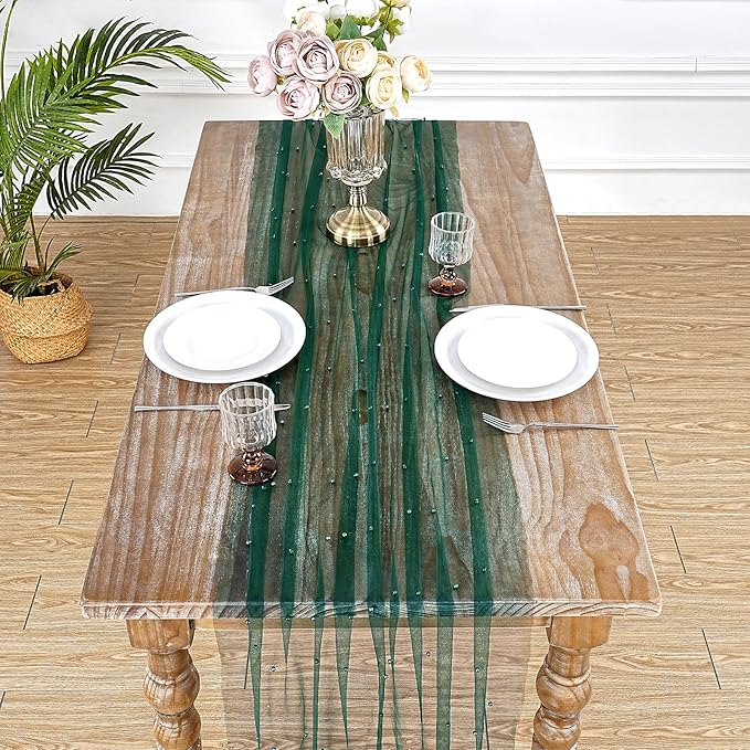 Pearl Tulle Table Runner Fabric: 10ft Seasonal Veil Dessert Lace Chiffon Boho Glitter Overlay Wedding Aisle Runner Party St. Patrick's Day Decorations Doilies Emerald Green