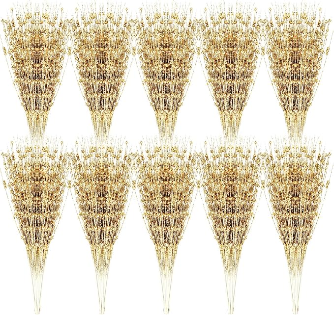 Geosar 30 Pcs Artificial Glitter Berry Stem Decorations 17 Inch Faux Stick Floral Pick Centerpiece Bouquet Flower Bead Twigs for Centerpiece Tree Wreath Ornaments Home(Gold)