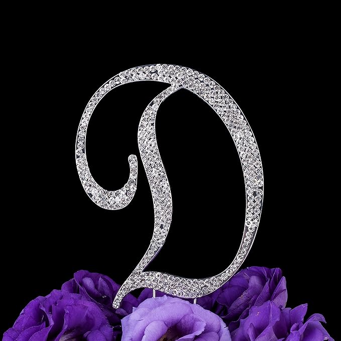 LOVENJOY Gift-Boxed Rhinestone Monogram Cake Topper Letter D Silver