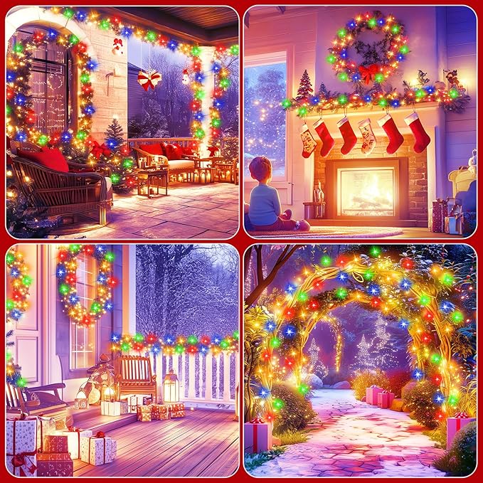 Brightown Christmas Lights Outdoor Battery Operated, 4 Pack Total 132FT 400 LED Battery Fairy Light with Timer,8 Mode,Waterproof Christmas String Light for Outside Indoor Bedroom, Multicolor