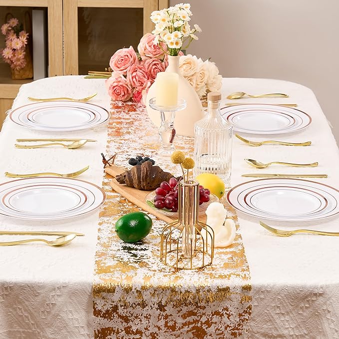 Fijinhom 200PCS Rose Gold Plastic Plates, Disposable Plates with 100PCS 10" Dinner Plates & 100PCS 7" Dessert Plates for 100 Guests, Plastic Party Plates for Wedding, Birthday, Rose Gold