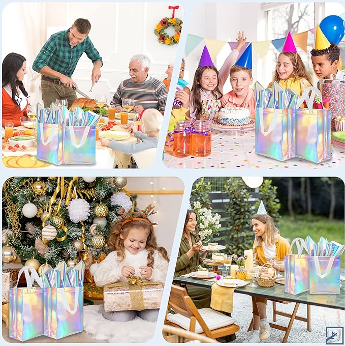 ZIFTY 15PCS Iridescent Gift Bags with Handles, Reusable Non-woven Goodie Christmas Gift Bags Bulk with Tissue Papers for Birthday, Wedding, Easter, Holiday Party,Party Favor Bags