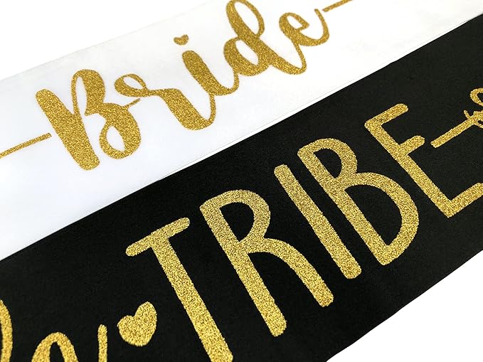 Bride Tribe 7pc or 10pc Satin Sash Set - Sophisticated & Fun Party Favors for Bachelorette Party, Bridal Shower & Wedding Party (Black & Gold, 10pc Set)
