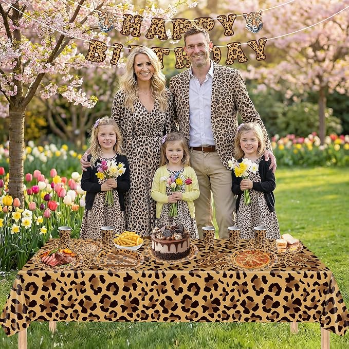 142 Pcs Cheetah Print Birthday Decorations Set - Happy Birthday Banner, Animal Leopard Paper Dinner Plates Napkins Cups, Plastic Tablecloth, Flatware for Cheetah Party Supplies Leopard Birthdays Decor