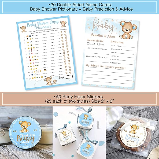 210 PC Teddy Bear Baby Shower Decorations for Boy Kit- It's a BOY Pre-Strung Banners, Garland, Streamers Guestbook Mommy Sash Blue Brown Balloons Cake Toppers Paper Fans Lantern Games & Favor Stickers
