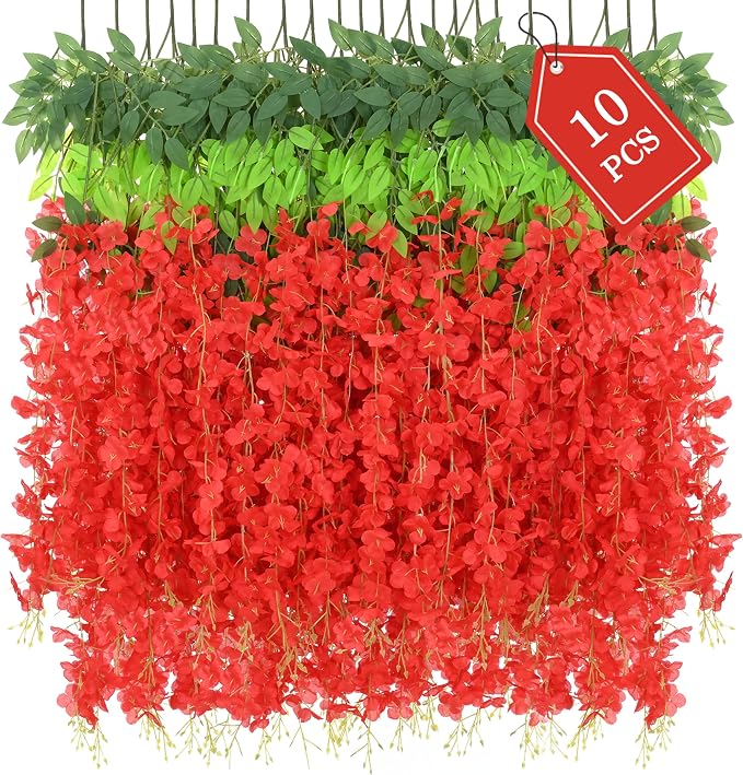 BLEUM CADE Artificial Wisteria Hanging Flowers, 10 Pcs Red, 3.6Ft/Pcs, Decorative Plant Garland for Home, Wedding, Party Decorations