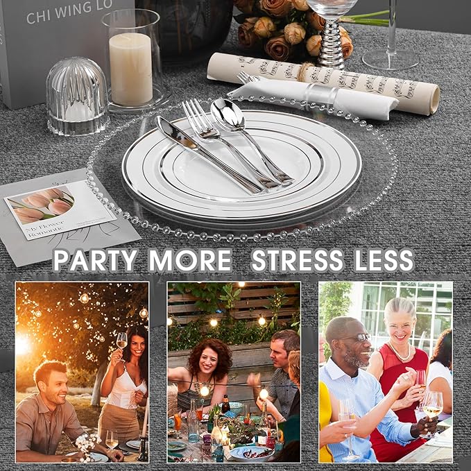 350 PCS White and Silver Plastic Dinnerware Set for 50 Guests, Disposable Party Plates for 50 Guests, Include: 100 Plastic Plates, 50 Pre Rolled Napkins with Silver Silverware, 50 Cups