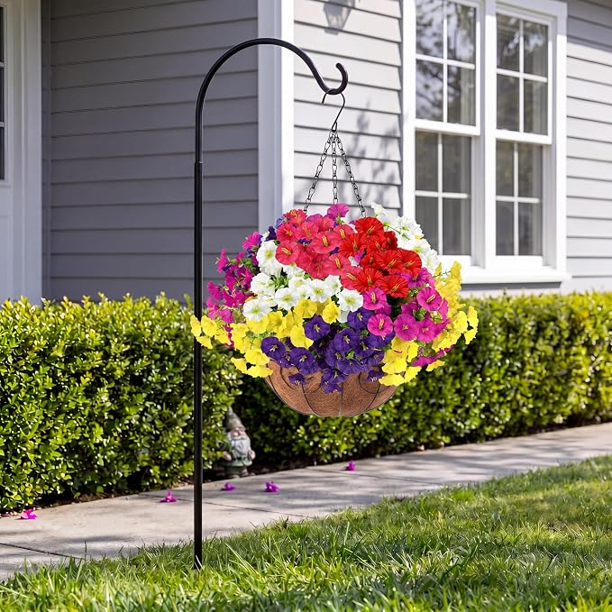 Artificial Flowers for Outdoors with Baskets Hanging Plant Faux Flowers UV Resistant Fake Silk Morning Glory with Eucalyptus for Planter Porch Garden Home Spring Summer Decoration(Mixed 6 colors)