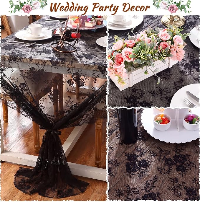 Honeydak 6 Pcs Lace Tablecloth Rectangular 60 x 120 Inch Wedding Rustic Tablecloth Overlay Rose Vintage Embroidered Wedding Reception Party Table Cover Decorations for Bridal Tea Party (Black)