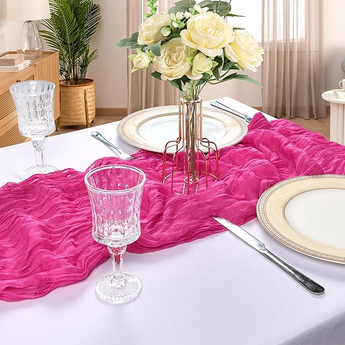 6 Pack 10FT Hot Pink Cheesecloth Table Runner 120 Inch Long Gauze Rustic Boho Spring Cheese Cloth Table Runner Sheer Fabric Decorations for Holiday Party Wedding Banquet Bridal Baby Shower Décor