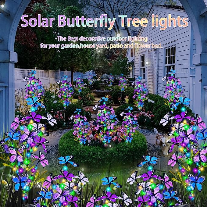 Solar Garden Lights Outdoor, Waterproof 4 Pack Solar Butterfly Lights with 60 LED 12 Butterfly Colorful Lighting for Garden Yard Lawn Outdoor Decor, Gift for Mom Women Mother's Day