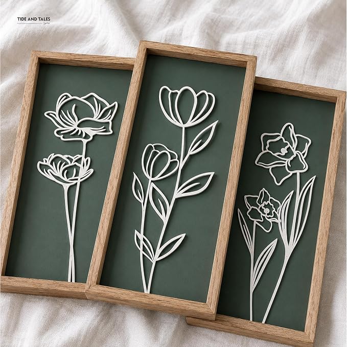 3D Floral Green Wall Art (Set of 3) Lightweight, Wooden Ready-to-Hang Boho Framed Wall Art for Bathroom, Master Bedroom, Living Room or Office - Premium Sage Green Farmhouse Decor - Gift-Boxed