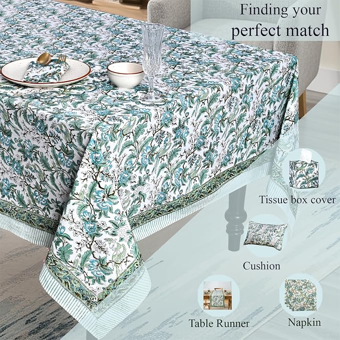 Ridhi Sage and Russian Green Hand Block Print Cotton Rectangle Tablecloth 160" x 72" inches Reusable Table Cover Decorative Everyday Use for Dining Room, Farmhouse, Home Gift for Spring, Mother's Day