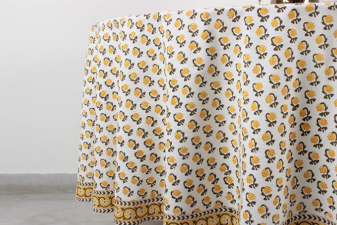 Ridhi Round Tablecloth Hand Block Print 100% Cotton Reusable Vintage Yellow 60 Inch Table Cover Decorative Everyday Use for Dining, Home, Party, Wedding, Farmhouse, Party Gift for Spring, Mother's Day