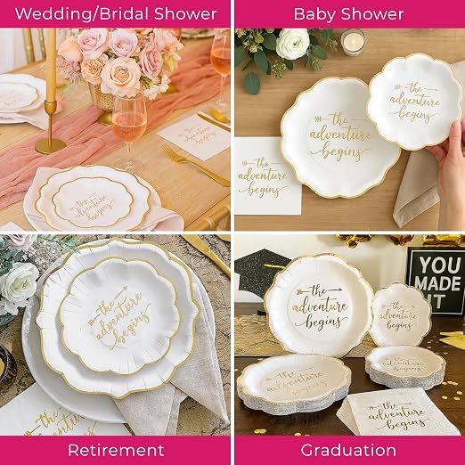 Kate Aspen The Adventure Begins Wedding Paper Plates and Napkins Set - 72 Piece Wedding Plates Disposable Party Tableware for 24 Guests - Bridal Shower Decorations, Engagement Party Decor