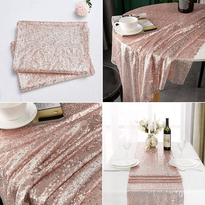 JYFLZQ Rose Gold Sequin Table Runner 12"x72" 10 Packs Glitter Table Runners Sparkly Sequin Runners for Wedding Birthday Party Decorations