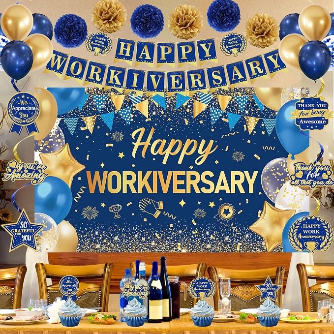 DARUNAXY Happy Workiversary Party Decorations for Men Women, Blue Gold Happy Work Anniversary Banner Cake Topper Hanging Swirl Confetti Balloons Decor Set for Employee Office Party Supplies(31PC)