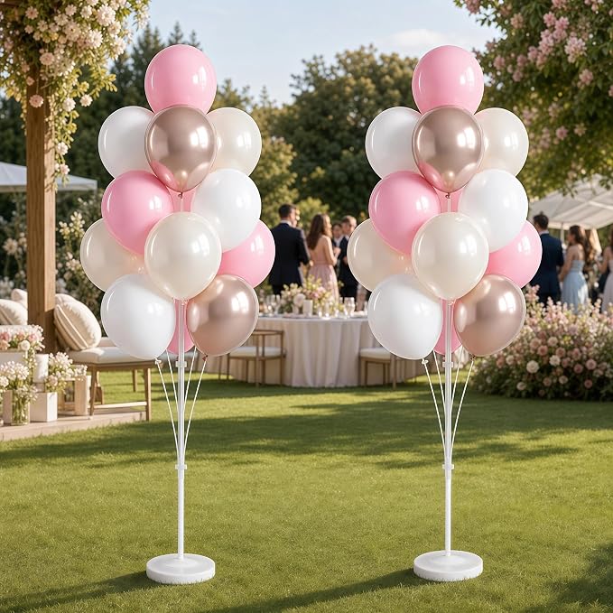 Balloon Column Kit Set of 2 – 26pc Champagne Pink Metallic Balloons with Height Adjustable 20"-63" Tower Stand, Stable Base for Birthday Wedding Easter Baby&Bridal Shower Party Decorations