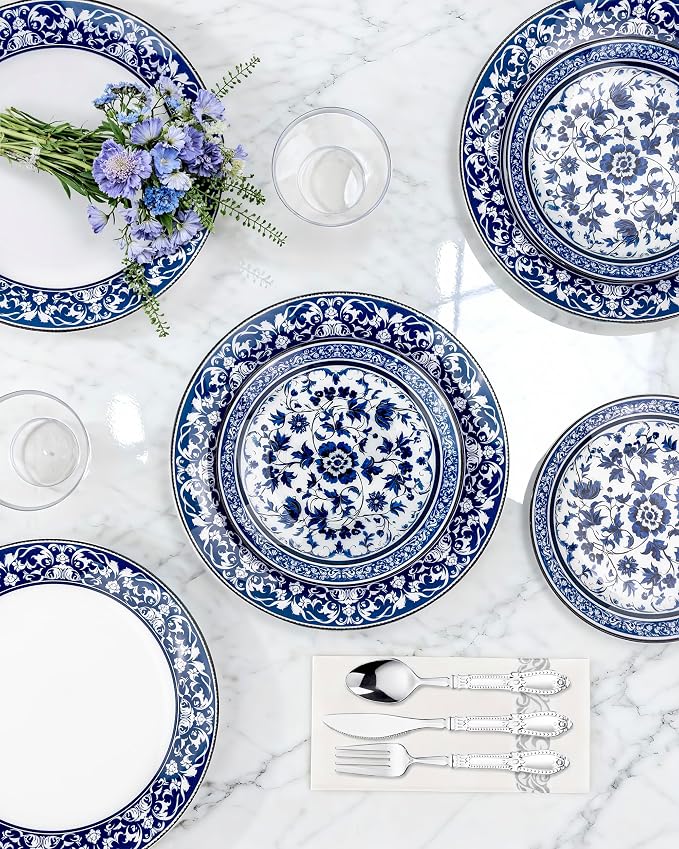 Hioasis 60pcs Blue Plastic Plates Set - Floral Blue & White Porcelain Design, 10.25" Dinner & 7.5" Dessert Plates Disposable for 4th ofJuly & Wedding (Dishwasher Safe, Art Style)