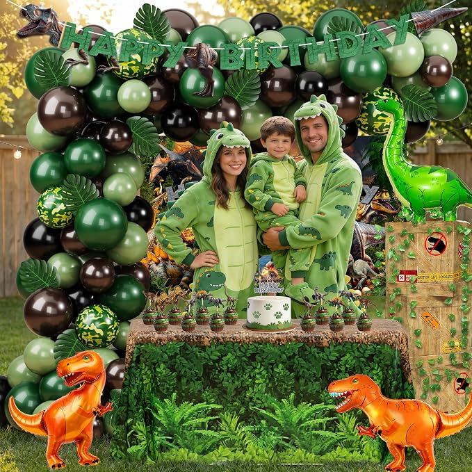 THAWAY Dinosaur Birthday Decorations for Boys - 119 Pcs Dino Party Supplies Kit with Backdrop, Tablecloth, Balloon Arch, and Boxes - Prehistoric Theme Party Decorations for Birthday