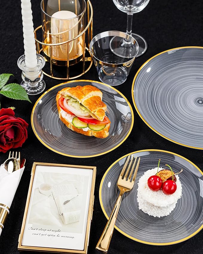 Morejoy 175PCS Clear Gold Plastic Plates - Disposable Gold Party Plates & Pre Rolled Napkins with Cutlery for 25 Guests, 50Plates, 75Silverware, 25Cups, 25Napkin for Party & Wedding & Mother's Day