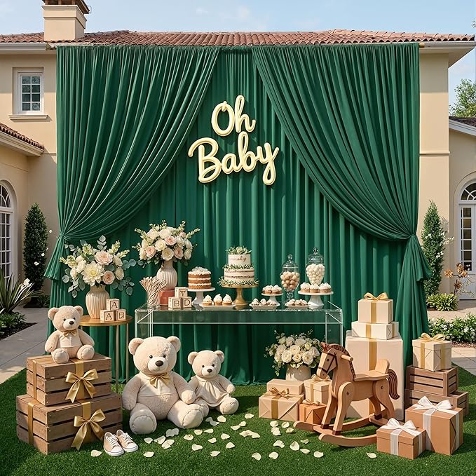 40ft x 10ft Wrinkle Free Hunter Green Backdrop Curtains for Parties, 8 Panels Polyester Green Photo Backdrop Drapes for Wedding Jungle Birthday Party Photography Background Stand