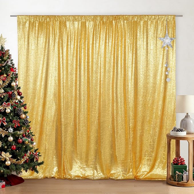 SquarePie 6x6ft Gold Sequin Backdrop for Photography, Satin-Backed Real Sequin Curtain, Enhanced Coverage Shimmering Background with 4" Rod Pocket for Wedding, Birthday, Party Decor, 1 Panel