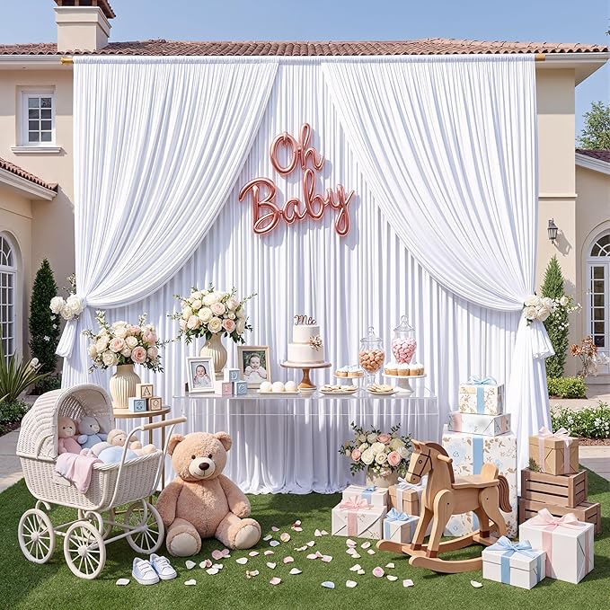 Wrinkle Free White Backdrop Curtain for Parties, Polyester Photo Backdrop Drapes for Weddings Birthday Photography Background Parties Baby Shower, 10ft x 8ft