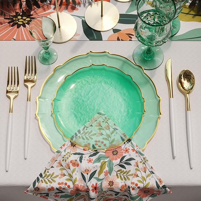 Exquisite Tinted Plates 80 Piece Plastic Disposable Plates for Party Set For 40 Guests 40 X 7.5 Dessert Plates & 40 X 10 Thin Delicate Fancy Plastic Plates Disposable Dinnerware Mint Gold Rim
