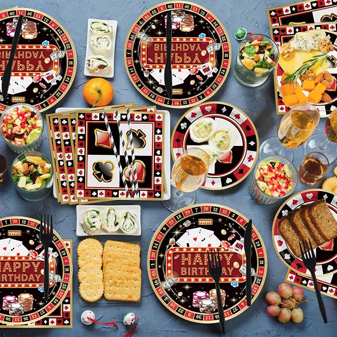 168PCS Casino Party Supplies for Girls Boys Kids Las Vegas Themed Happy Birthday Party Decorations Poker Paper Plates Napkin Cups Forks Knives Straw Tableware for 24 Guests