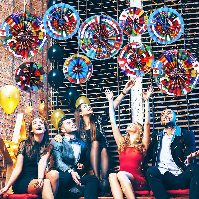 Outus 27 Pcs International World Flags Classroom Decorations Around the World Hanging Paper Fans Country Flags International Decor Party Banner Garland for Office Classroom Decor