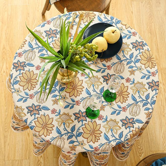 ISAENNE Designer Vintage Linen Round Tablecloth,Diameter 55"-Estevan B | French Elegant Beautiful Printed Table Cloth,Orange Floral Pattern,Durable,Dining,Kitchen,Tea Party,Thanksgiving,Decor