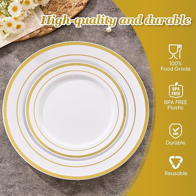 Fijinhom 200PCS Gold Plastic Plates, Disposable Plates with 100PCS 10" Dinner Plates & 100PCS 7" Dessert Plates for 100 Guests, Plastic Party Plates for Wedding, Birthday, Gold
