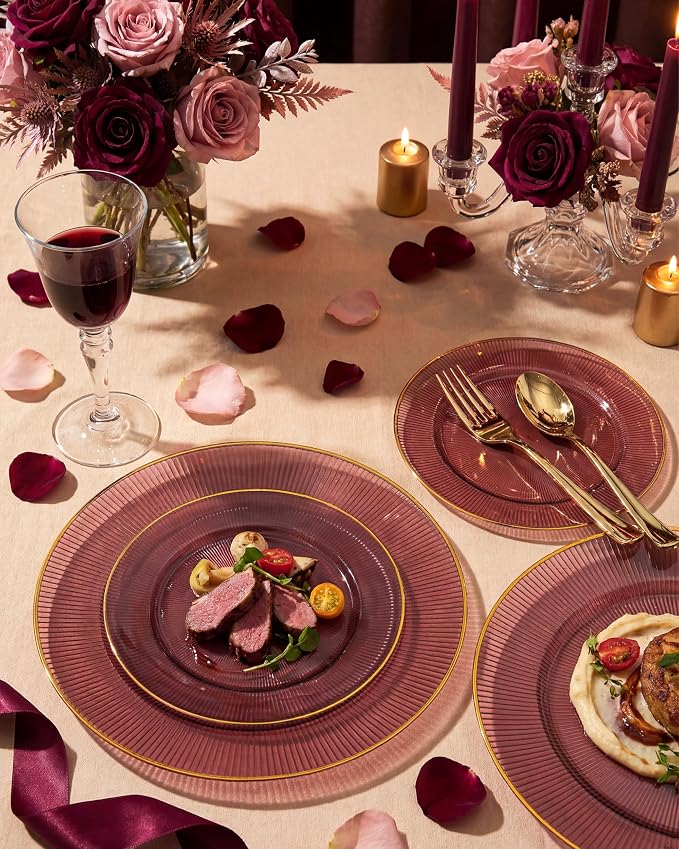 Hioasis 60pcs Burgundy and Gold Plastic Plates - Burgundy Disposable Dinnerware Set, 30pcs Dinner 10in & 30pcs Dessert 7in Plates with Striped Designs for Party & Wedding