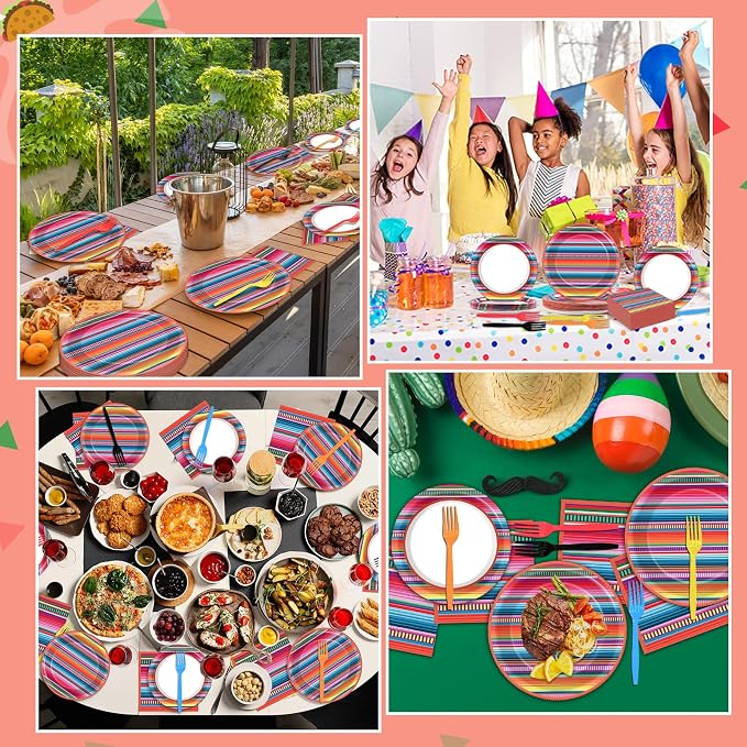 200PCS Mexican Paper Plates and Napkins Fiesta Taco Themed Party Supplies Mayo Mexican Party Decorations Serape Disposable Dessert Plates Dinner Tableware Set Stripe Mexico Dinnerware Favors