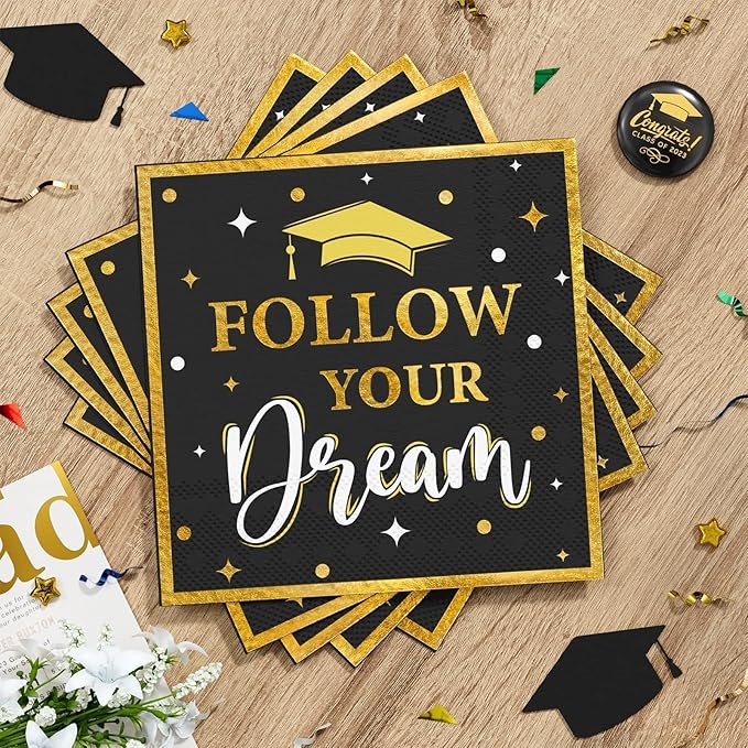 Ecomore Graduation Decoration Class of 2026, 350PCS Graduation Party Supplies Disposable Dinnerware(Serve 50) with Paper Plates Cup Napkin Fork Knife Spoon College High School Grad Decor(Black & Gold)