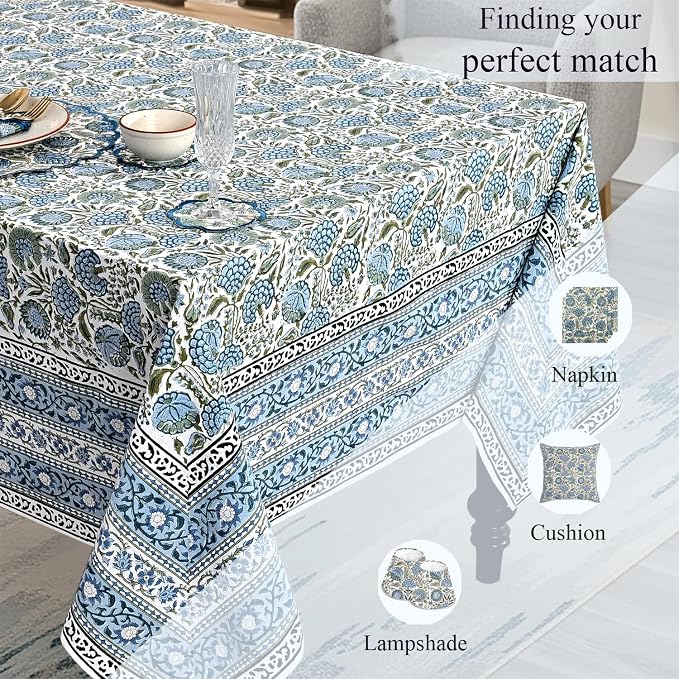 Ridhi Asparagus Green Hand Block Print Cotton Rectangle Tablecloth 90" x 60" inches Reusable Table Cover Decorative Everyday Use for Dining Room, Farmhouse, Home Gift for Spring, Mother's Day