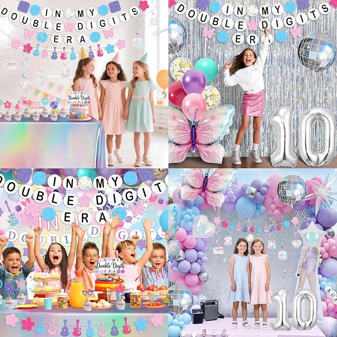 10th Birthday Decorations for Girls, Double Digits Birthday Girl Party Decor, Party Supplies with Pink Purple Balloon Arch Friendship Bracelet Banner Backdrop Hanging Swirls