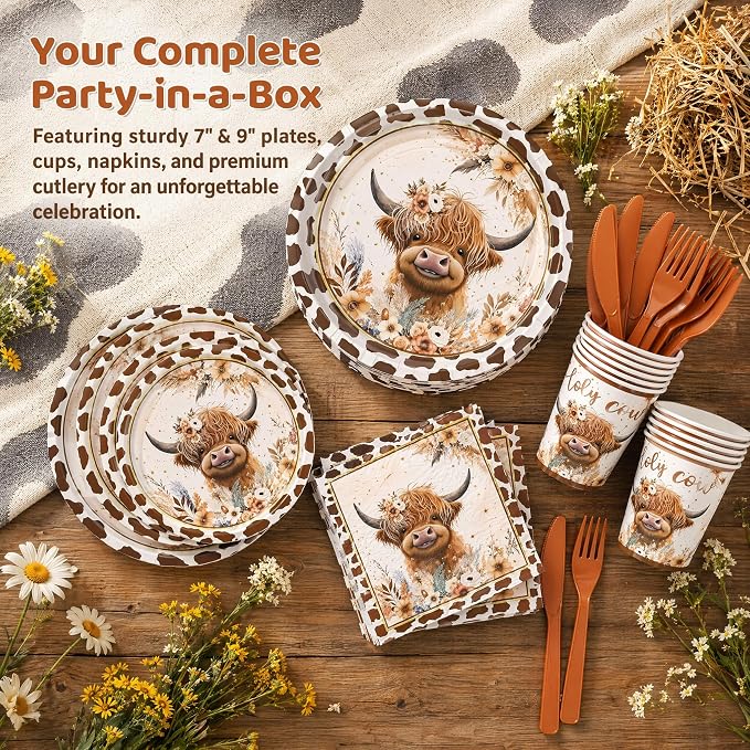 120PCS Boho Highland Cow Party Supplies for Boys girls Holy Cow Highland Themed Baby Shower Birthday Party Decorations Tableware Set Plates Napkins Cups Set for 20 Guests