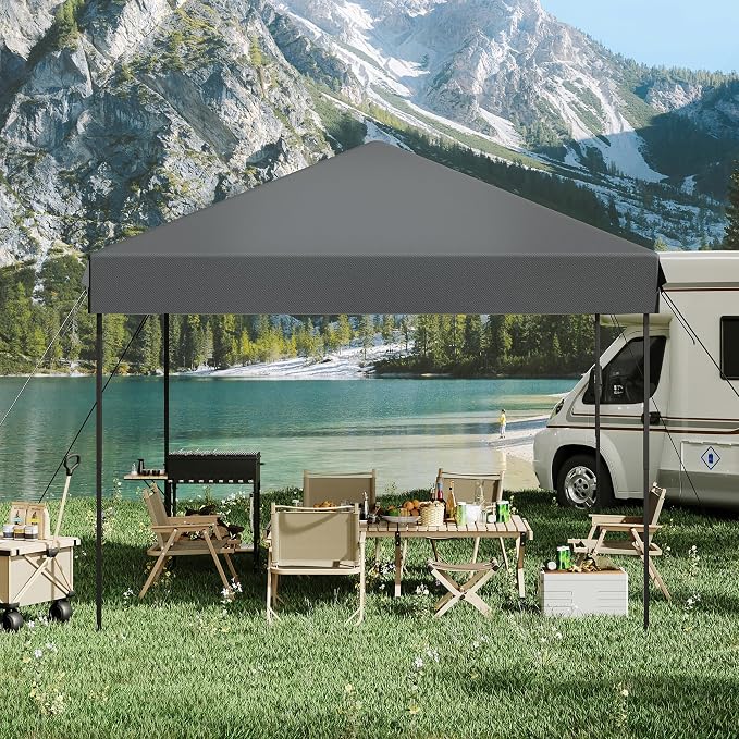 10x10 Heavy Duty Pop Up Canopy – One-Person Setup Outdoor Tent with Roller Bag, Adjustable Heights, Sandbags, Stakes & Ropes – Instant Grey Shelter, No Sidewalls