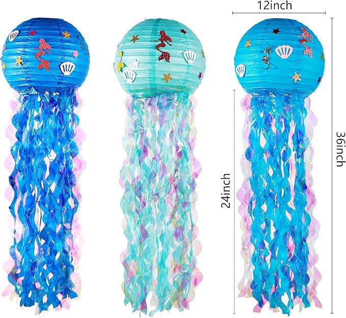 OBXT 12" Blue Jellyfish Lanterns - Mermaid Birthday Decorations, Under the Sea Party Supplies, Ocean Theme Hanging Jellyfish Decor for Classroom, Nautical Events, and Underwater Adventure (Set of 6)