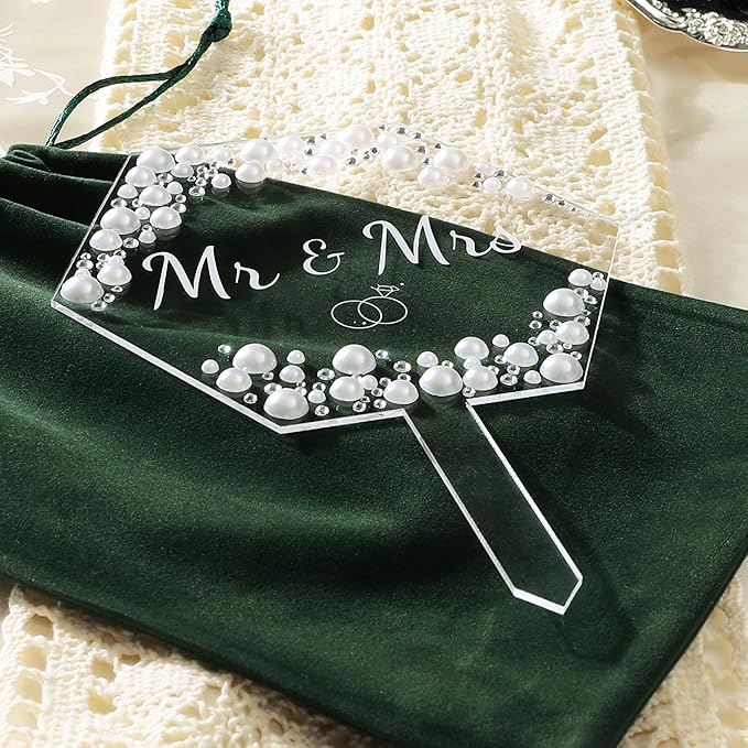 Coucoland Mr and Mrs Cake Topper - Hexagon Wedding Cake Decor with Rhinestones and Pearls for Engagement Bridal Anniversary
