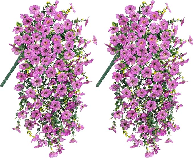 HyeFlora Artificial Flowers for Outdoors Garland Decoration, 2Pcs Purple Fake Hanging Flowers, UV & Fading Resistant, Faux Decor for Home Porch Patio Balcony Planter Yard
