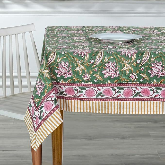Ridhi Hunter Green Hand Block Print Cotton Rectangle Tablecloth 190" x 72" inches Reusable Table Cover Decorative Everyday Use for Dining Room, Farmhouse, Home Gift for Spring, Mother's Day