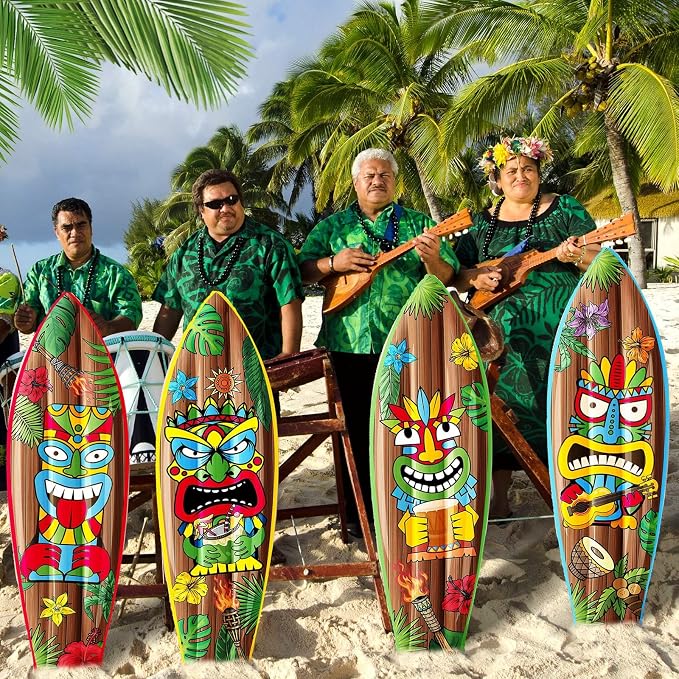 JellyArch 4 Pcs Tiki Inflatable Surf Board 36 Inch Tiki Party Decorations Blow up Surfboard Bar Decorations Inflatable Pool Floats for Hawaiian Luau Tropical Beach Party Supplies Outdoor Decor