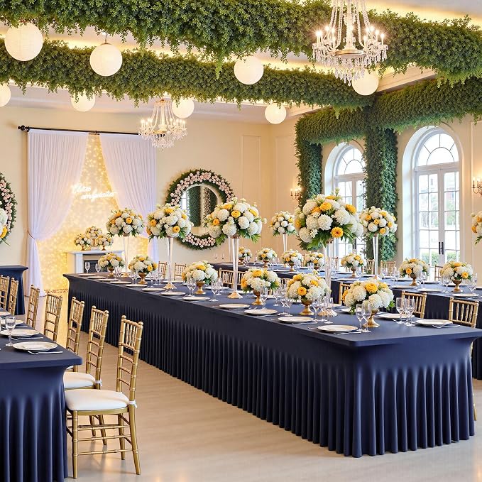 6 Pack Spandex Navy Blue Tablecloths for 8 Foot Rectangle Tables, Wrinkle Free Fitted Table Cloths 8ft Stretchy Table Cover Skirt for Parties Weddings Birthday Banquet Baby Shower