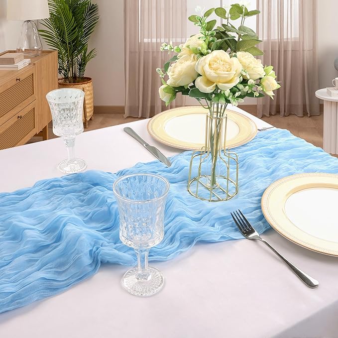 6 Pack 10FT Baby Blue Cheesecloth Table Runner 120 Inch Long Gauze Rustic Boho Spring Cheese Cloth Table Runner Sheer Fabric Decorations for Holiday Party Wedding Banquet Bridal Baby Shower Décor